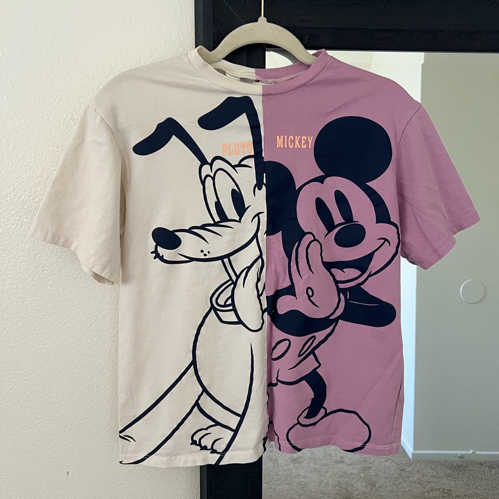 H&M X Disney Split-Panel Mickey & Pluto Colorblock Pink/Cream Tee